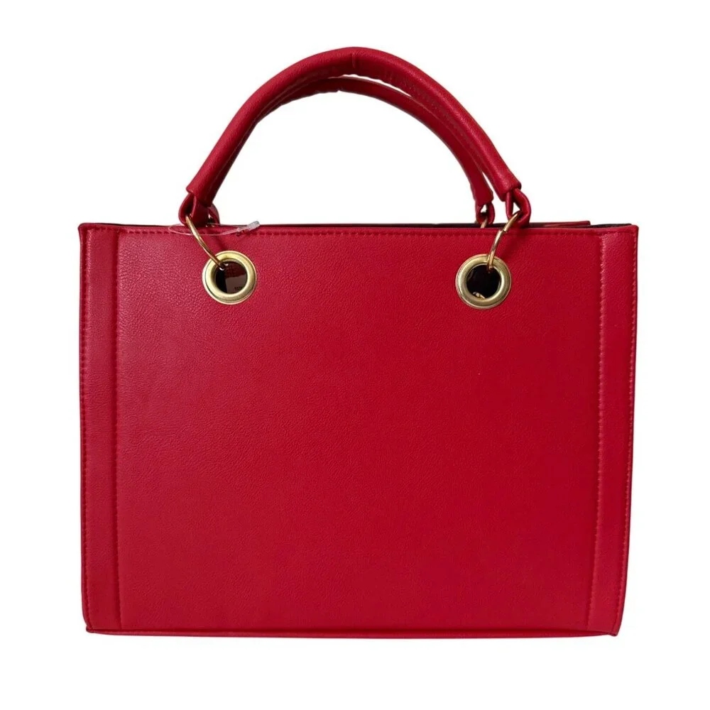 Tooled multicolored hummingbird on a vegan leather  red satchel with make up bag